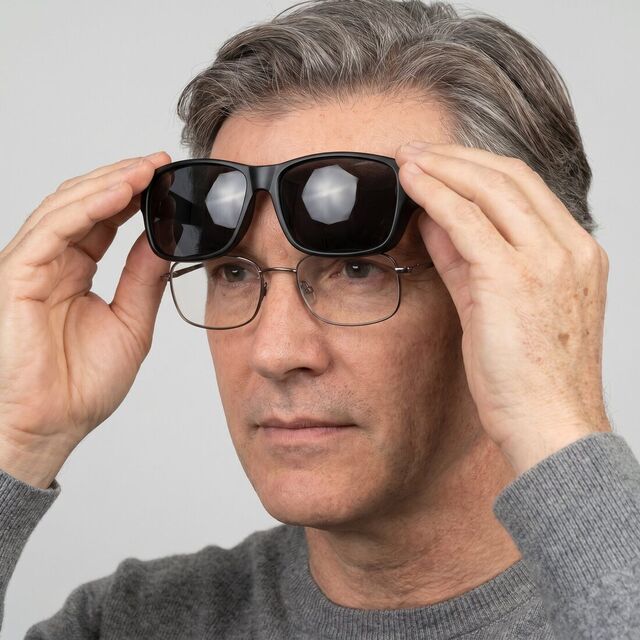 La sur-lunette se met par-dessus les lunettes de vue