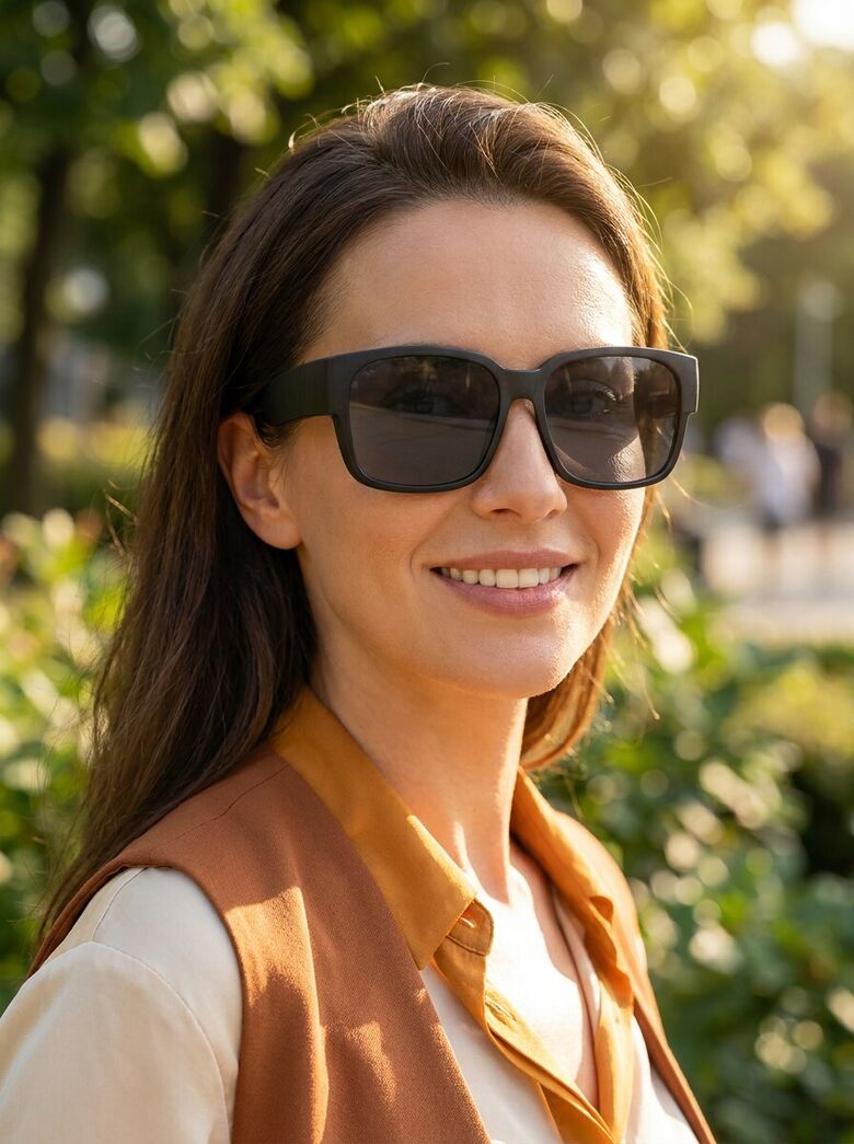 Une femme plus jeune porte ses sur-lunettes polarisées par-dessus ses lunettes de vue, lors d'une balade au soleil